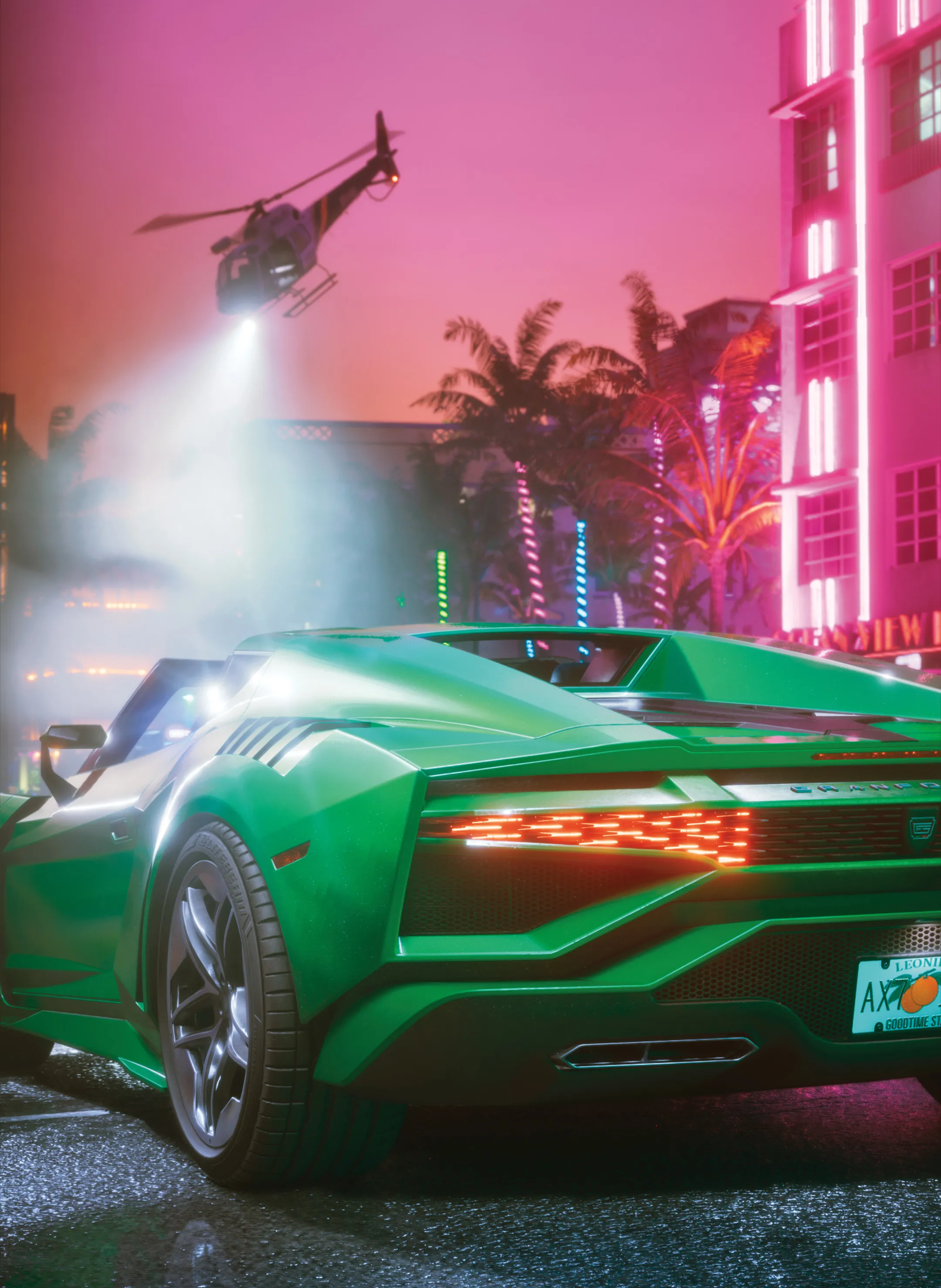 A green sports car beneath pink city lighting and a helicopter in an official GTA 6 screenshot