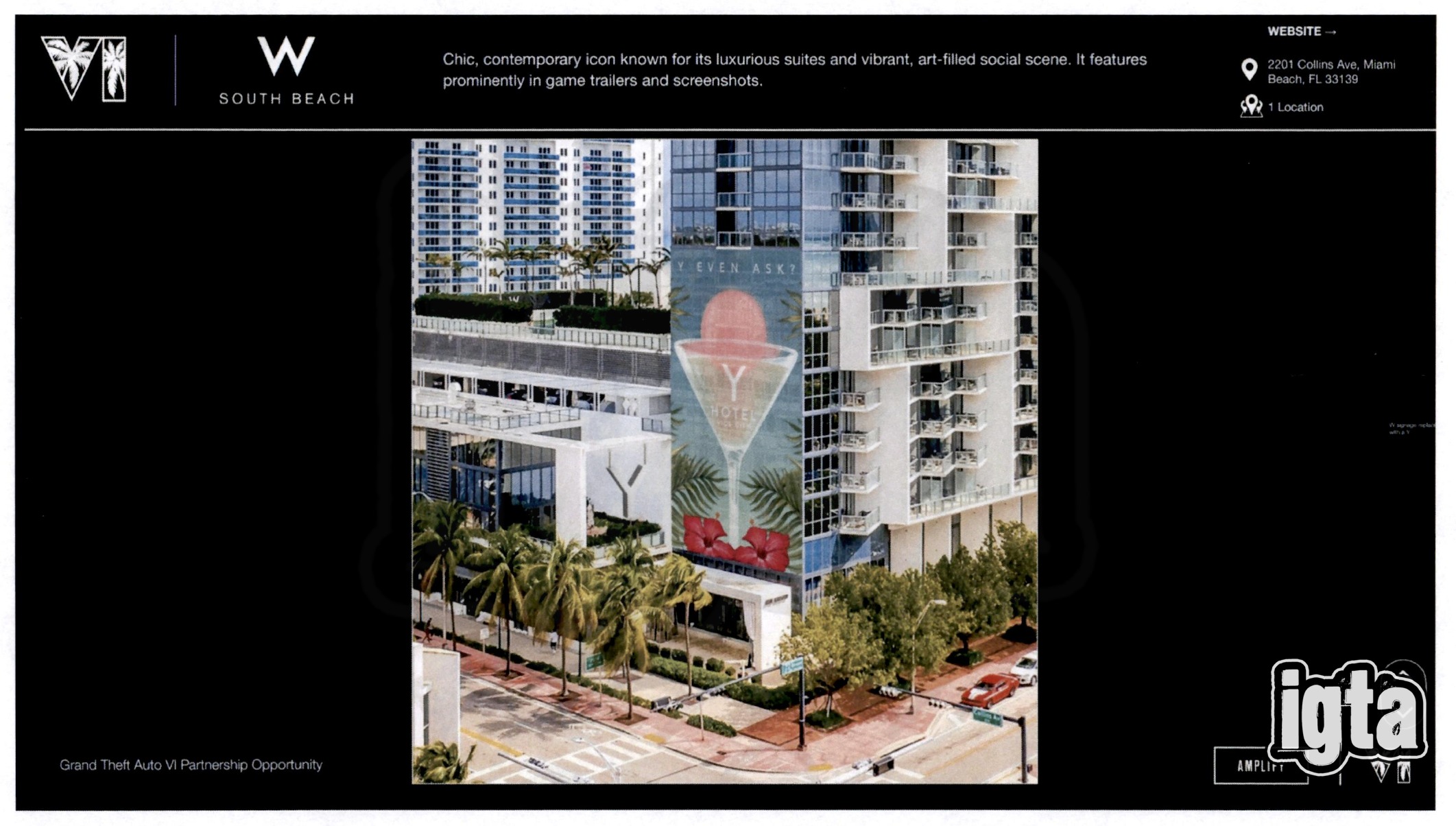 Proposed Y Hotel campaign banner on W South Beach, reproduced by GTAVice.