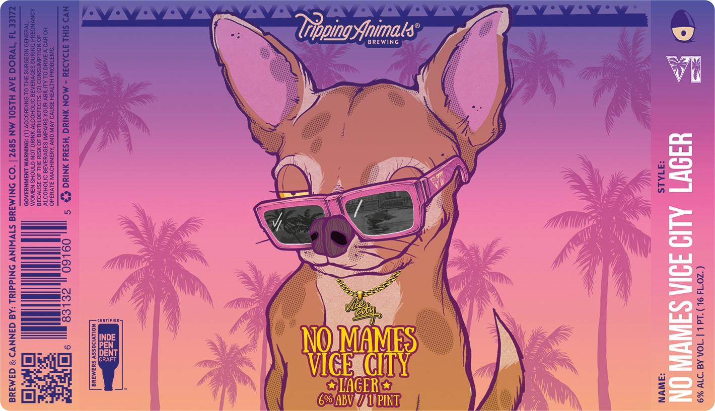 No Mames Vice City label with a dog in sunglasses, Tripping Animals Brewing name and VI branding.