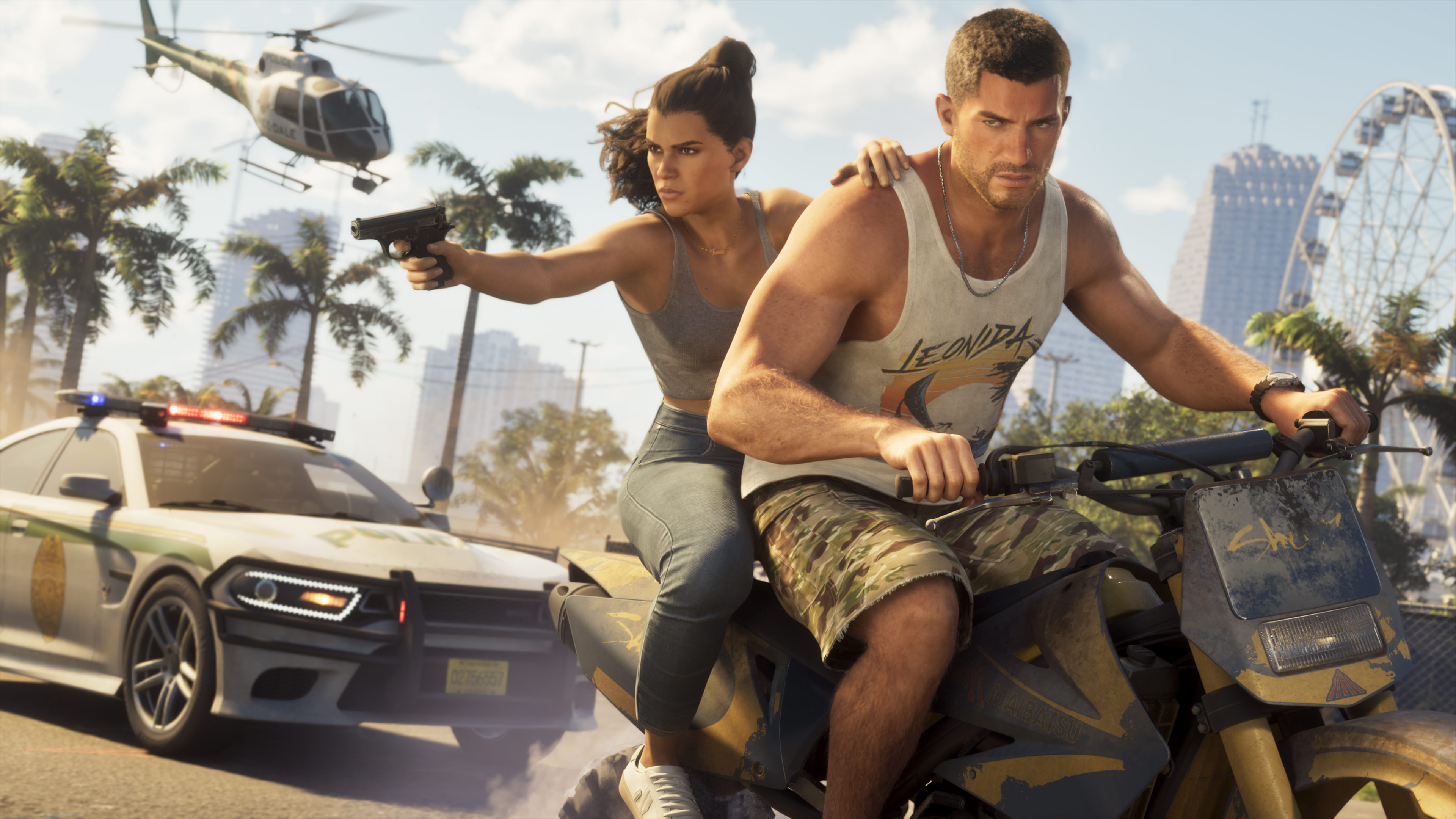 Jason rides a motorcycle with Lucia behind him during a police pursuit in an official GTA VI screenshot