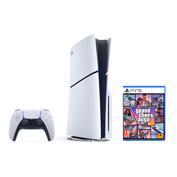 O2 product image showing a PS5 console, DualSense controller and GTA VI box.
