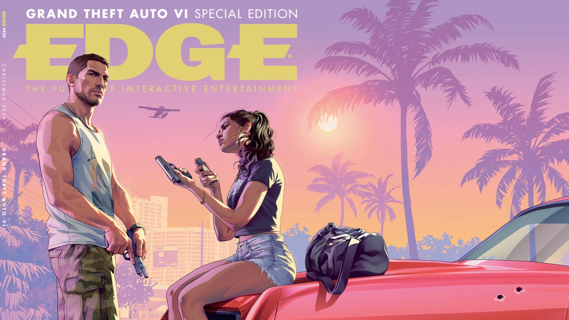 Edge 430’s GTA VI gatefold artwork shows Jason and Lucia beside a red car against a Vice City sunset.