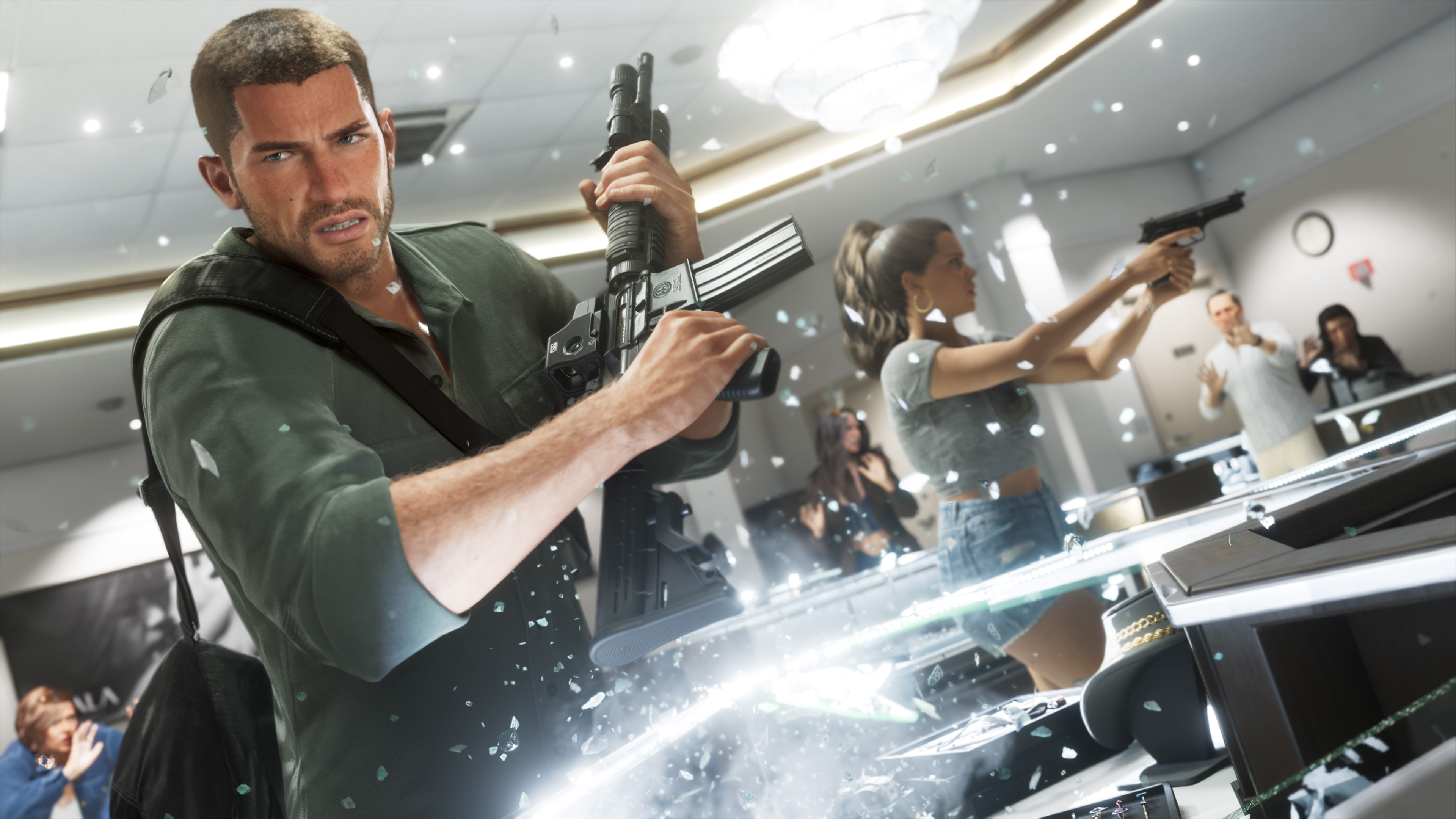 Jason and Lucia hold weapons during a jewellery-store robbery in an official GTA VI screenshot.