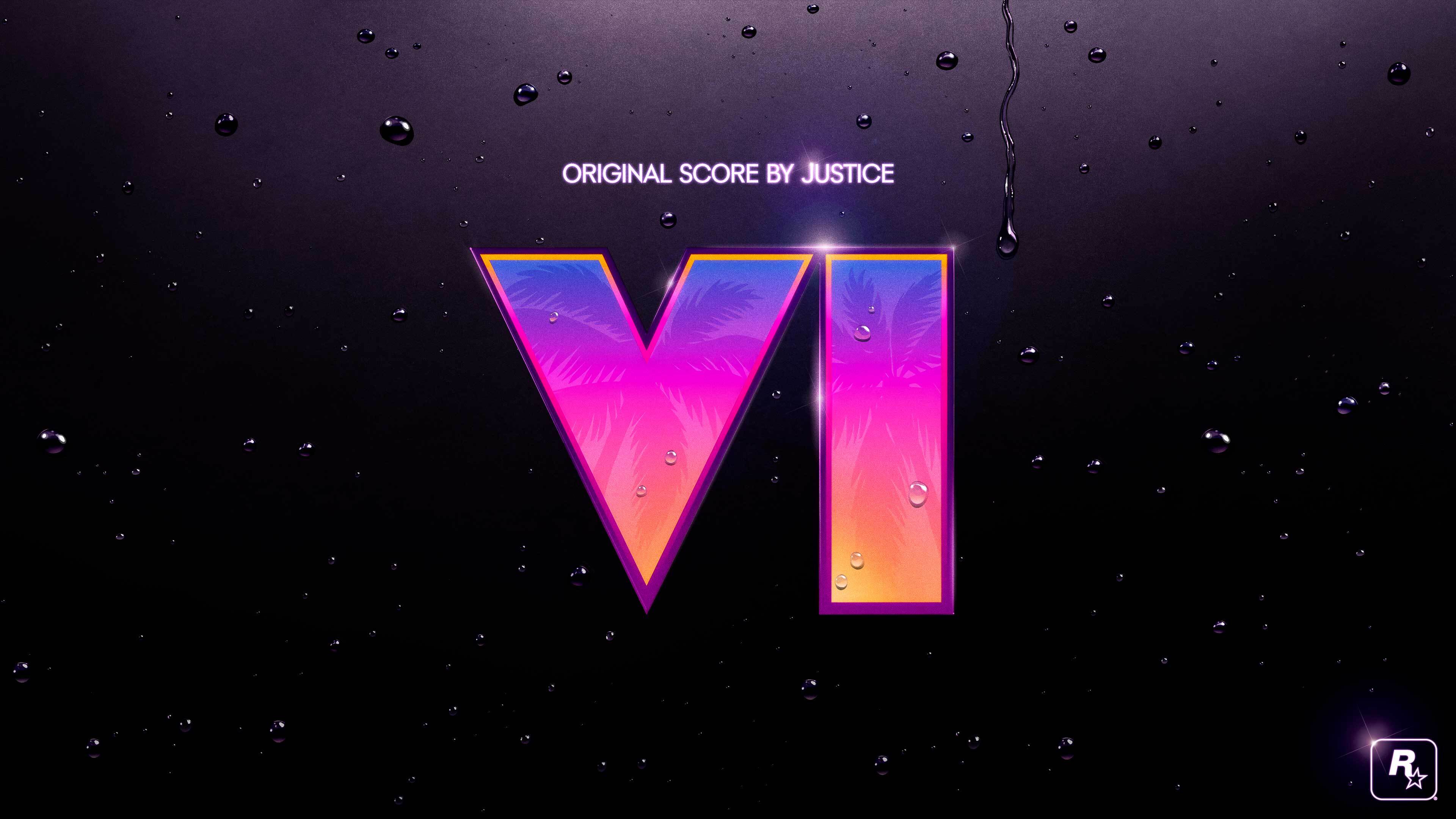 Official GTA VI Original Score by Justice announcement artwork with the VI logo on a rain-speckled purple background.
