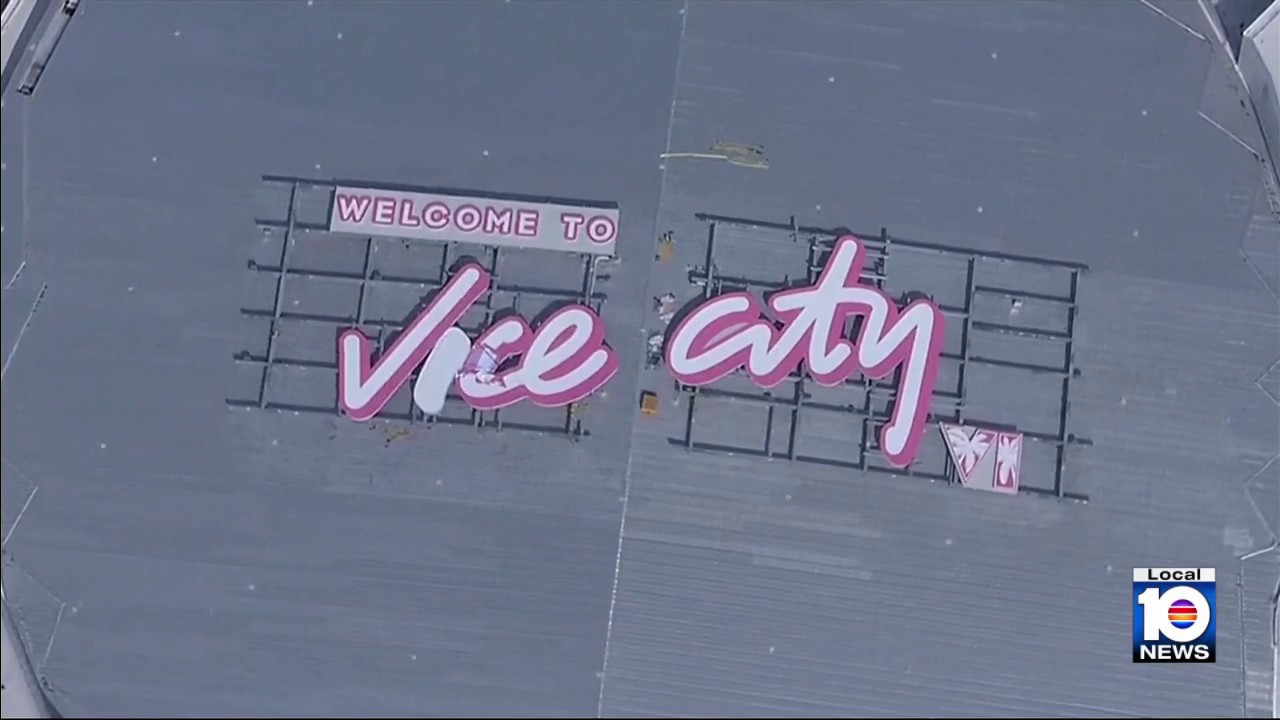 Archive aerial view of the Welcome to Vice City sign on Miami’s Kaseya Center roof, credited to Local 10 News.