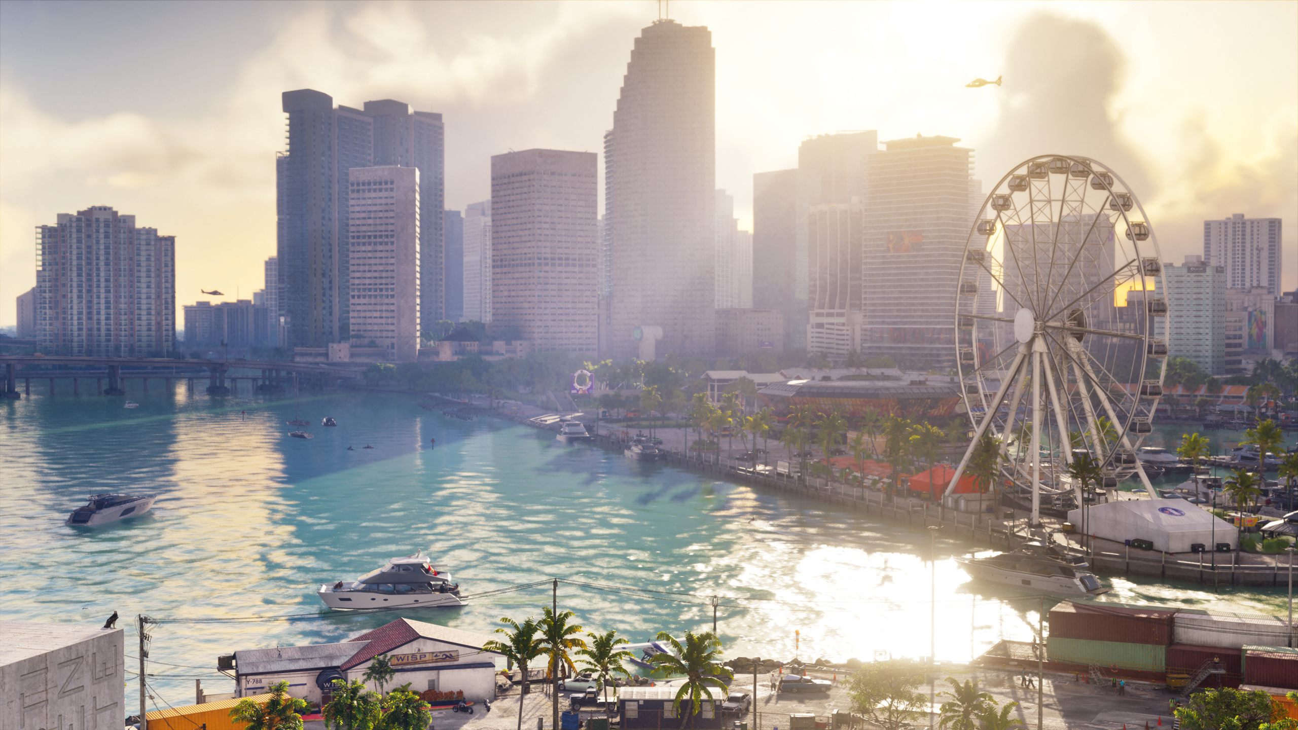 A sunny waterfront and skyline in Vice City, shown in an official Rockstar screenshot released through Edge.