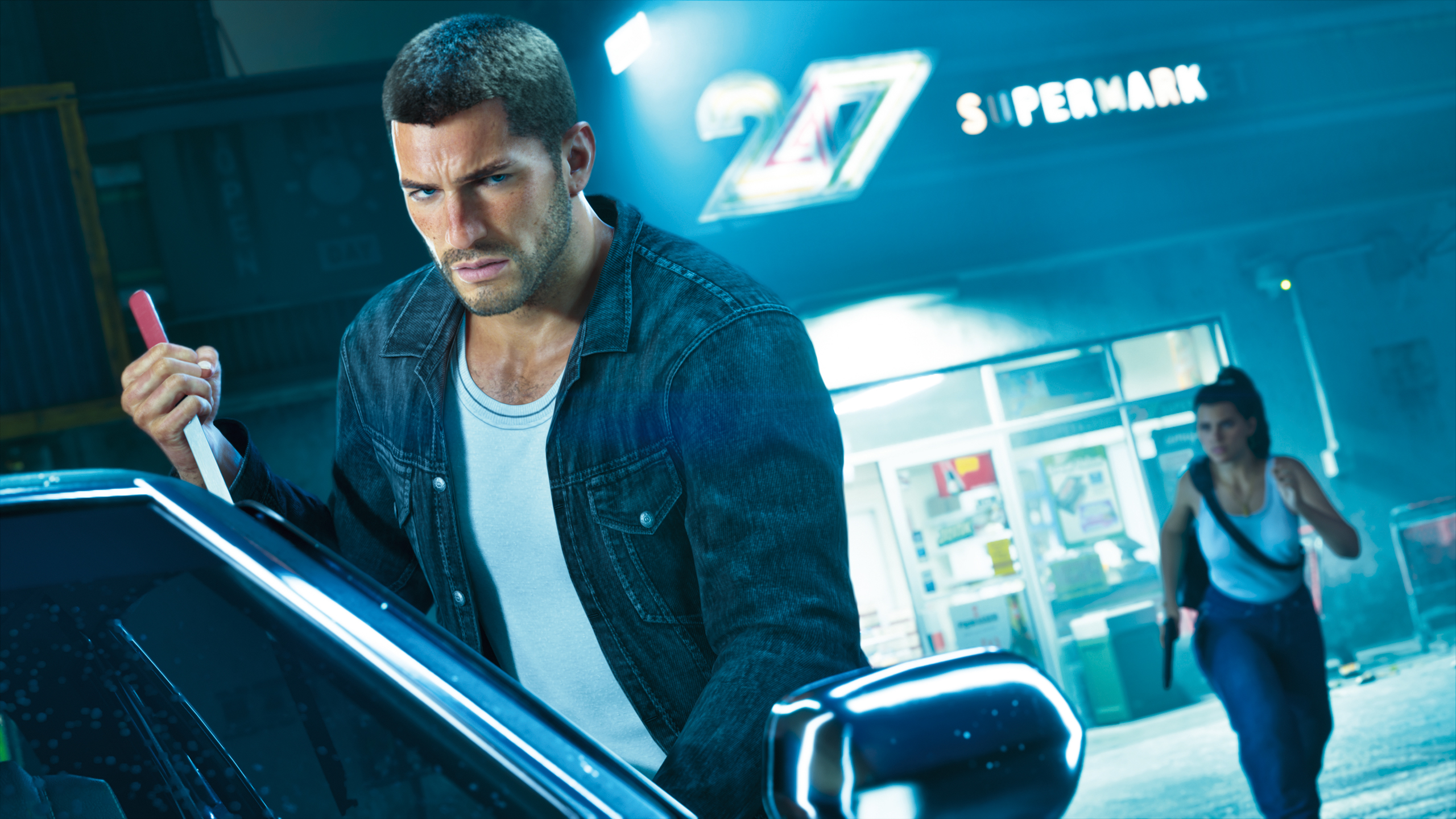 Jason works on a getaway car while Lucia exits a supermarket in an official GTA VI screenshot.