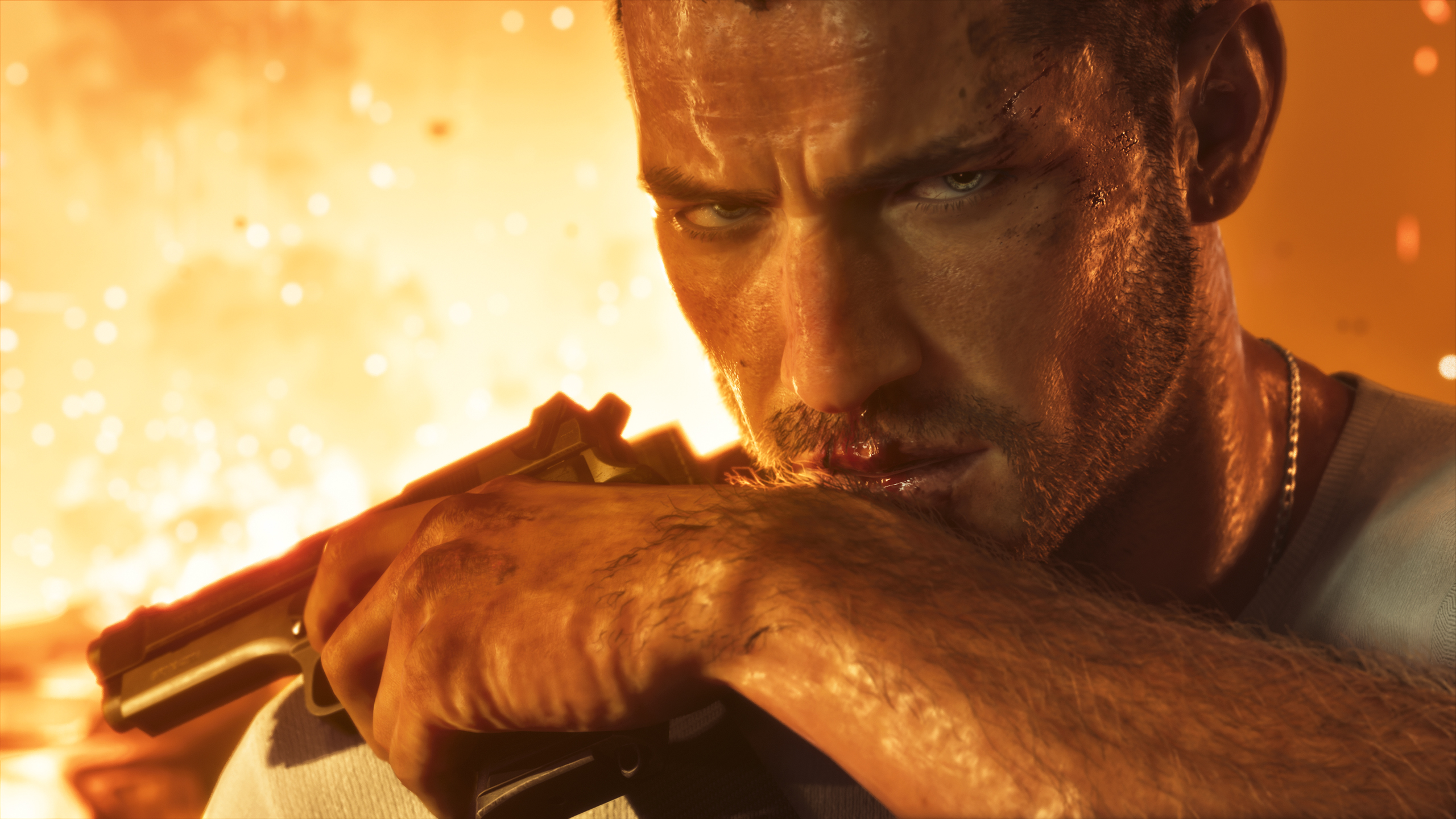 Jason holds a pistol with an explosion behind him in a public GTA VI screenshot released through Edge.