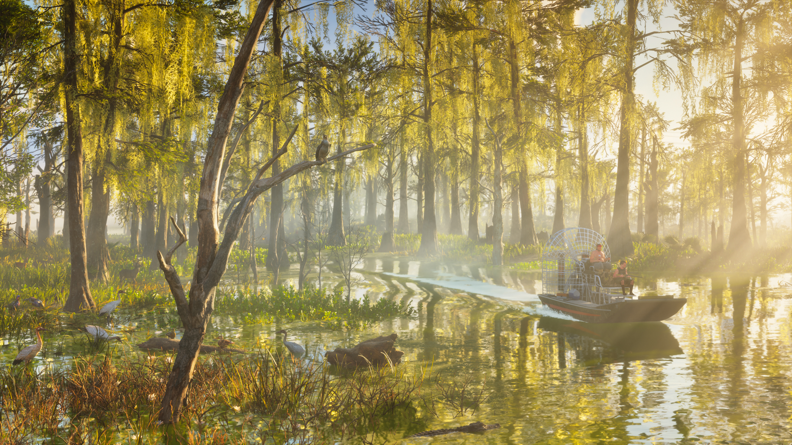 Characters travel by boat through lush Leonida wetlands in an official GTA VI screenshot.