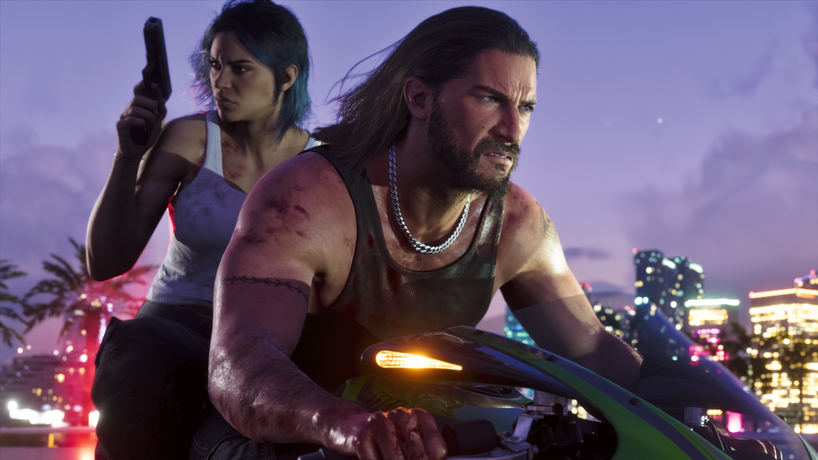 Jason rides a motorcycle with Lucia behind him against the Vice City skyline at night.