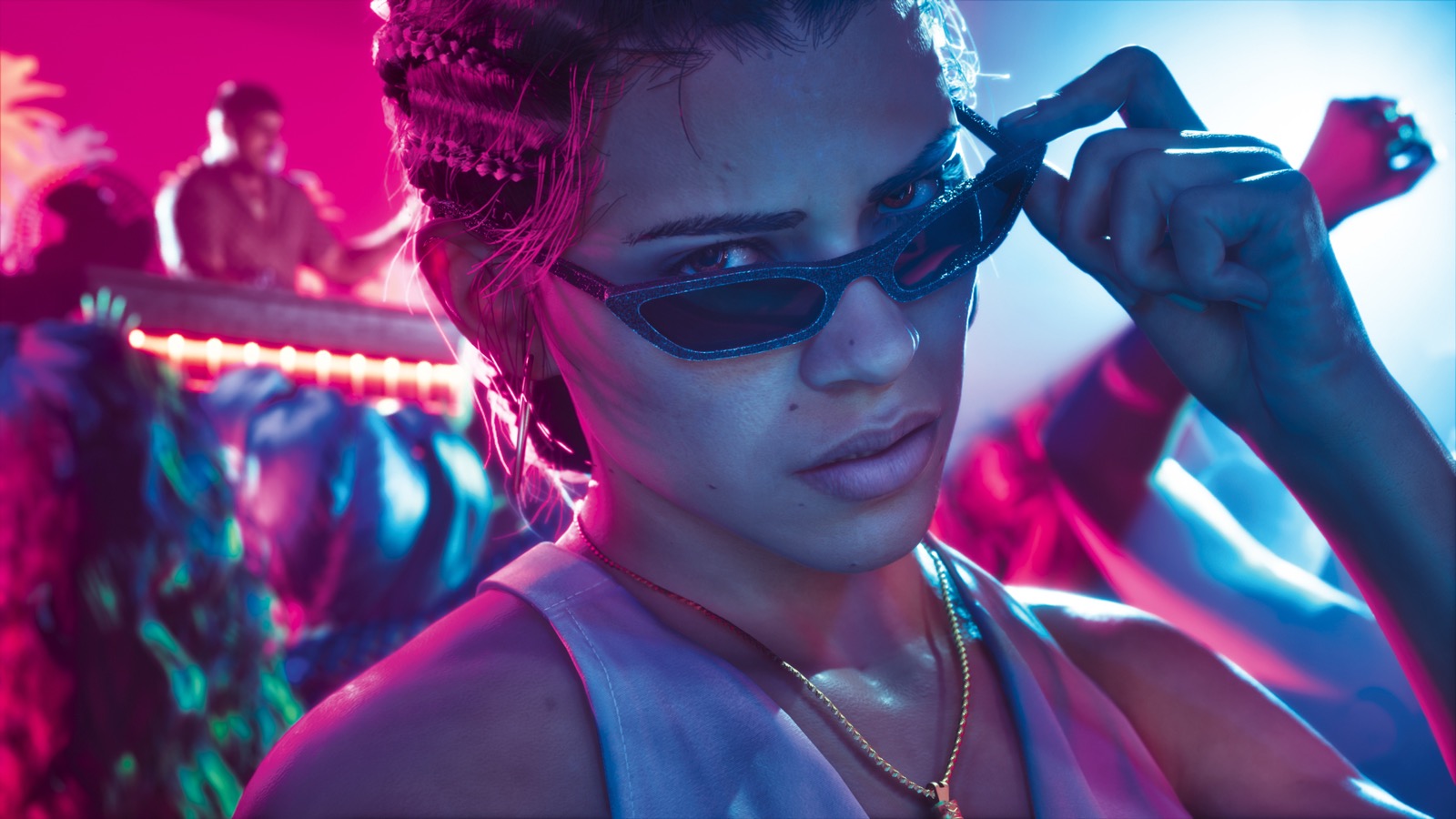 Lucia lowers her sunglasses at a nighttime party lit in pink and blue in GTA VI.