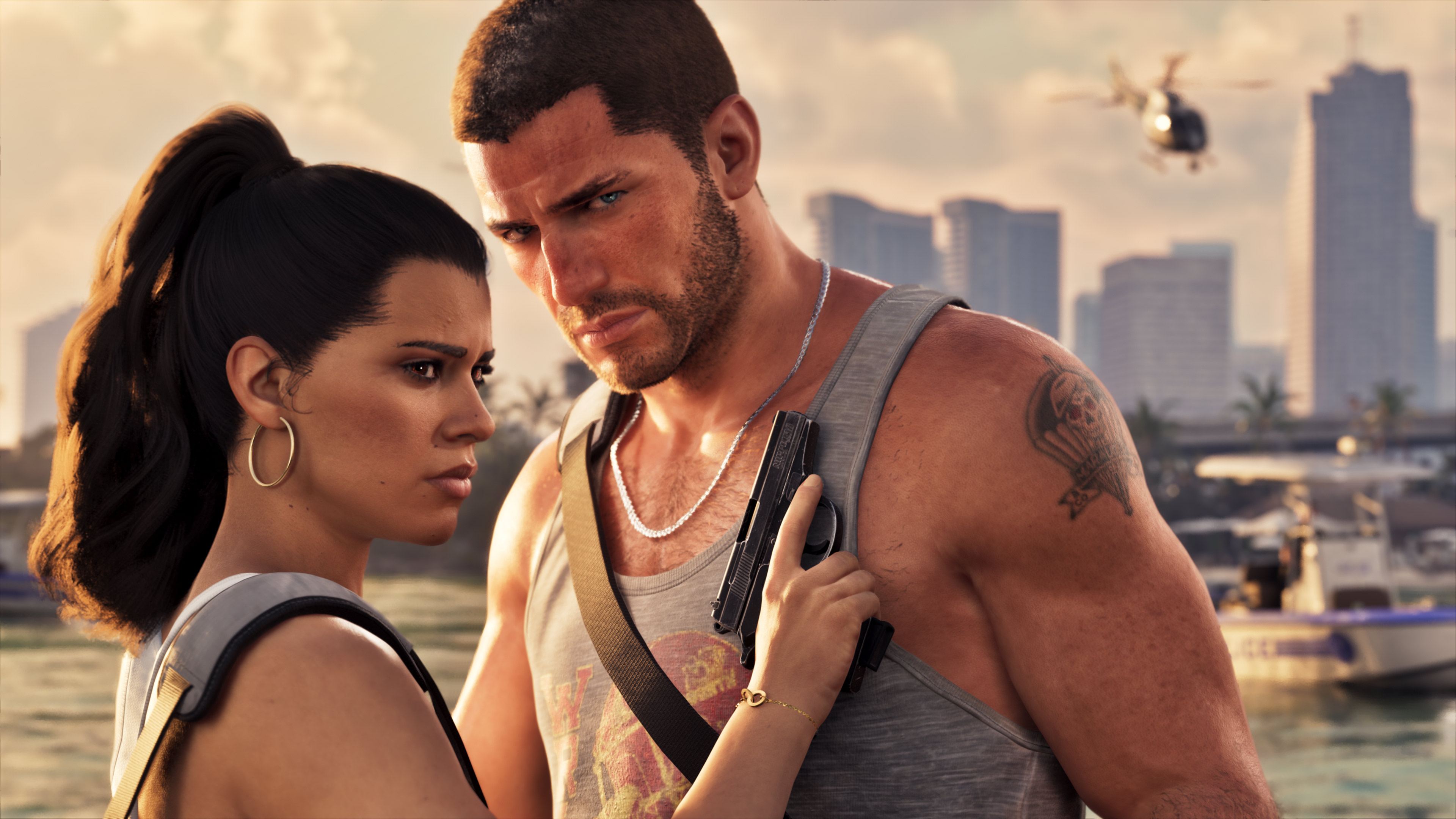Jason and Lucia together beside the waterfront in official GTA VI imagery